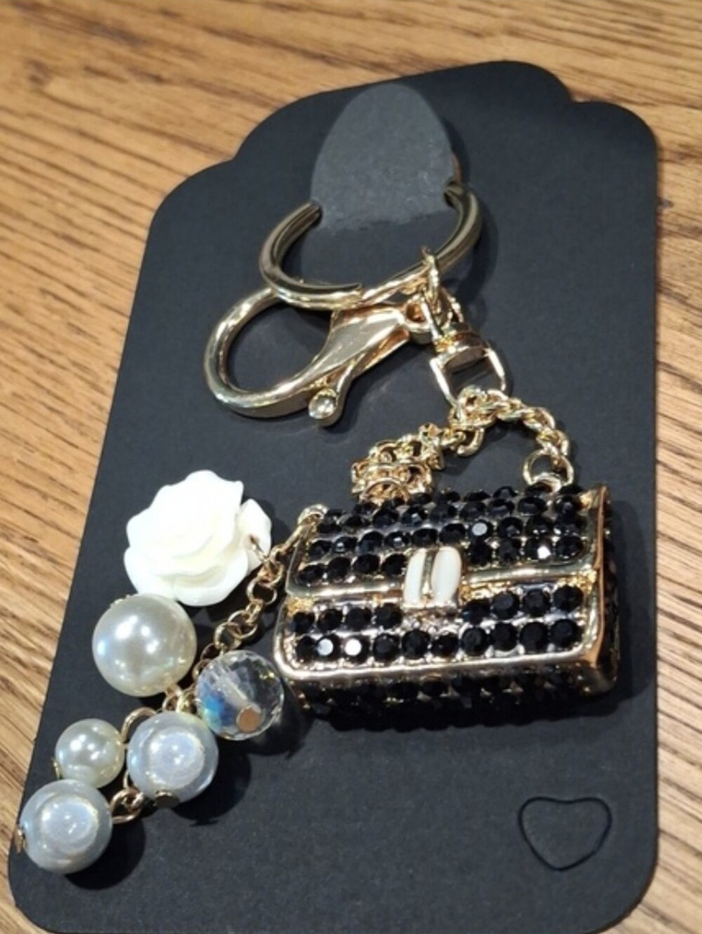 Elegant Black & Gold Purse Charm/Keychain with Pearl Accents